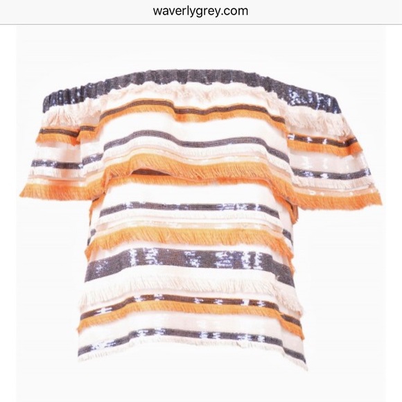 Waverly Grey Tops - Trendy Off the Shoulder Sequin and Fringe Top